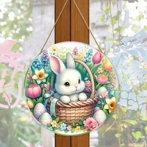 Easter Round Wooden Hanging Sign Decorative Welcome Plaque Bunny Eggs Floral Pattern Door Hanger With Hemp Rope Rustic Home Wall Decor