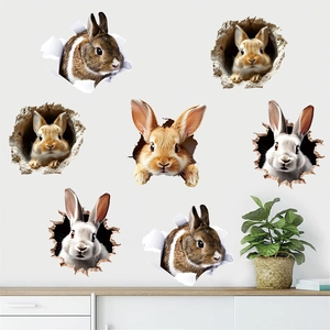 3D Realistic Rabbit Cracked Wall Stickers For Kids Room Easter Bunny PVC Removable Self Adhesive Home Decor Mural Decals