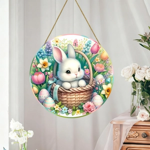 Easter wooden welcome sign featuring a cute bunny, spring flowers, and rustic hanging rope