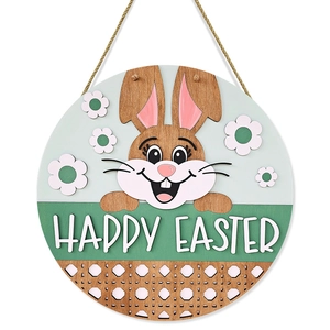 Round wooden Easter welcome sign featuring a cartoon bunny and Happy Easter greeting