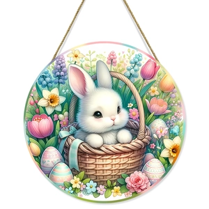 Round wooden Easter door sign featuring a cute bunny in a basket with spring flowers