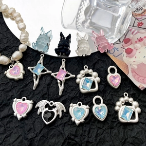 Sweet Y2K rabbit and heart pendant set in matte silver finish with colorful gemstones