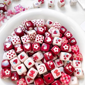 Mignonnes Perles en Acrylique Cube Imprimées Animaux Fleurs Fraises pour Création de Bijoux DIY Collier Bracelet Accessoires de Lanière de Téléphone