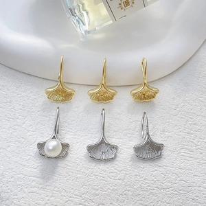 14K Gold Plated Ginkgo Leaf Ear Hooks Jewelry Findings With 925 Sterling Silver Earring Post Artificial Pearl Copper Accessories