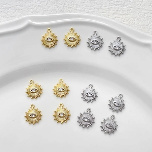 14k gold plated evil eye sunburst charms with cubic zirconia for DIY jewelry making