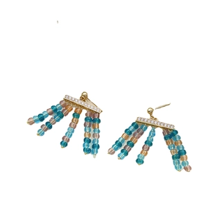 Boucles d'oreilles pendantes en or 14 carats avec barre zircon et perles colorées