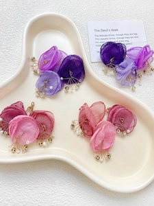 Detailed macro view of organza crystal flower earrings with pearls and gold accents