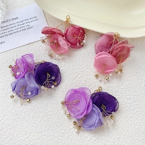 Exquisite organza flower pendants in various colors with pearl beads for DIY earrings