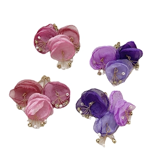 Elegant mesh fabric crystal flower charms with pearls and gold hooks in purple and pink