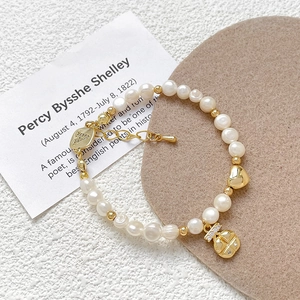 Handmade 18k gold plated pearl bracelet with heart and letter Z charms for women