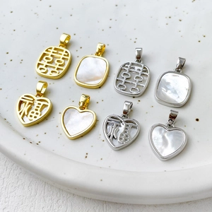 14k gold plated heart and rectangle pendants with natural mother of pearl shell inlays
