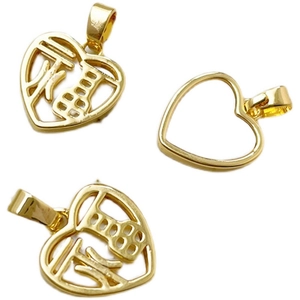 14k gold plated heart pendants with Chinese Fu character and hollow design