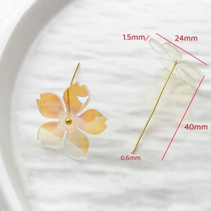 Macro view of 24mm iridescent resin cherry blossom earrings with golden studs
