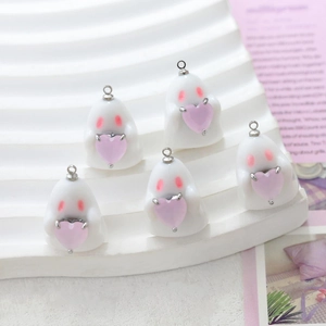 Five acrylic ghost pendants with pink hearts and metal rings for DIY jewelry crafting