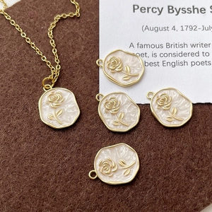 Retro 14k gold plated rose pendant necklace and charms with creamy enamel finish