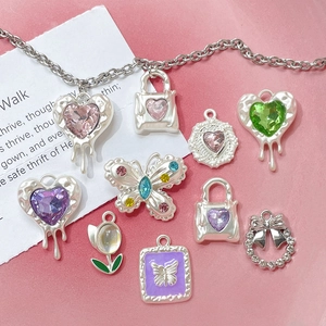 Alloy DIY charms set featuring hearts, tulips, and butterflies with colorful crystals