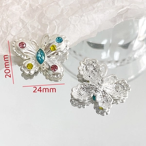 Detailed butterfly pendant charm with colorful crystals and blue marquise stone, 24x20mm size
