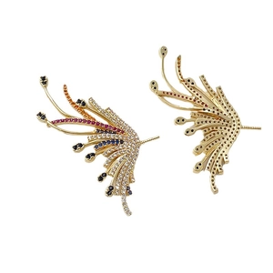 Gold-plated wing earrings with multicolored zircons shown in front and back view