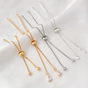 14K Gold Plated Copper Box Chain Slider Adjustable Bracelet Extension Chain With Rhinestone Pendant DIY Jewelry Accessories