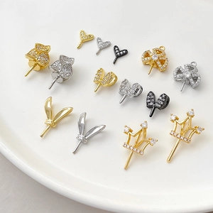 Copper Gold Plated Zirconia DIY Jewelry Accessories Rabbit Ear Crown Heart Clover Pendant For Artificial Pearl Jewelry Making