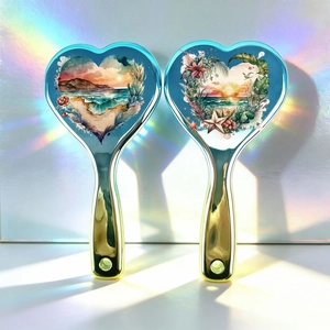 Gradient heart-shaped hair brush with beach sunset art and golden chrome handle