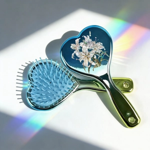 Macro detail of heart-shaped hairbrushes with floral pattern and metallic gradient finish