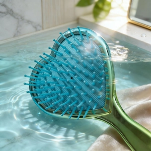 Metallic green heart-shaped hairbrush with butterfly print on clear water background
