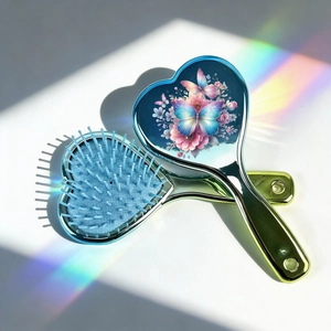 Détail de la brosse à cheveux en forme de cœur avec dégradé et motif papillon