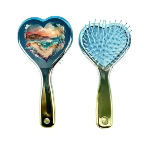 Gradient heart-shaped air cushion hairbrush with sunset illustration and blue bristles