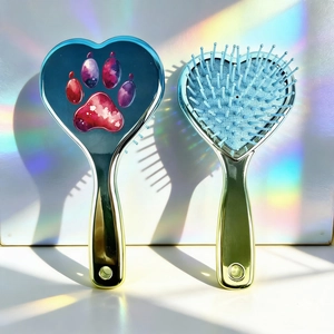 Detail of heart-shaped air cushion hairbrush with mirror finish and cat paw print