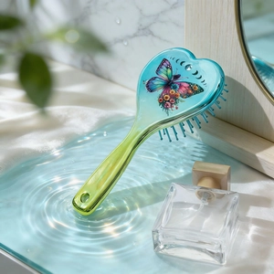 Butterfly print heart-shaped air cushion hair brush with yellow blue gradient finish