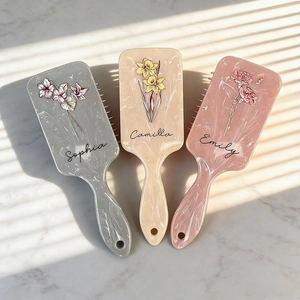 Customized floral marble hair brush set for women with personalized name engraving