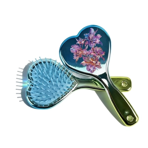 Metallic gradient heart hairbrush set with floral prints and air cushion massage bristles
