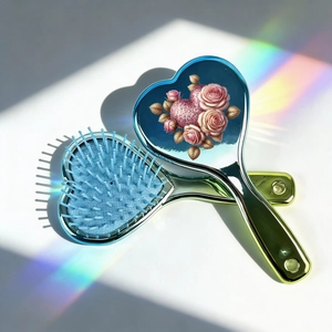 Detail view of heart-shaped massage combs with rose patterns and rainbow light effect