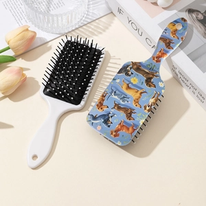 Cartoon dachshund print hair cushion brush and white massage comb with pink tulip decor