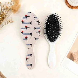 Détail de brosses à cheveux à coussin d'air ovales avec motifs de teckel mignons