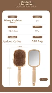 Detailed size chart of massage hairbrush with mirror in beige and brown tones
