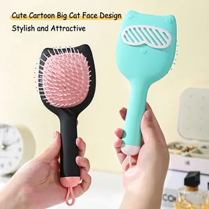Cute cartoon cat-shaped hair brush set in black and mint green with airbag massage bristles