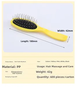 Detailed view of yellow wig brush with steel pins showing 180mm by 42mm dimensions