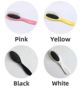 Detail showing four colored hairbrushes with metal pins and black air cushions