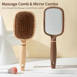 Two-in-one cushion massage hairbrush with integrated vanity mirror in beige and brown