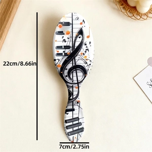 Piano music note massage hairbrush with soft cushion and white artistic pattern, 22cm length