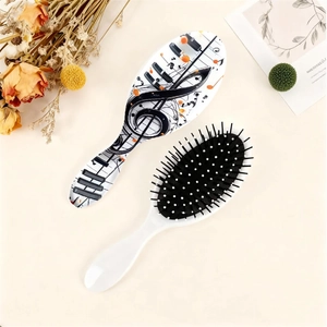 Piano key musical note printed air cushion hair brush set with black massage bristles