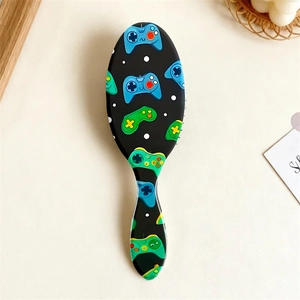 Gamepad print hair cushion brush with massage bristles for scalp care in black and blue