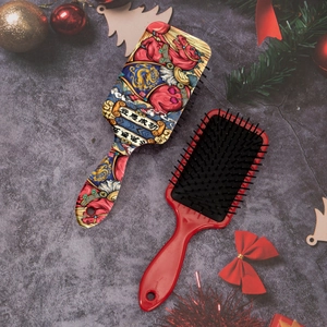 Floral print hair cushion brush with massage bristles and Chinese horse pattern design