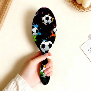 Soccer pattern air cushion hair brush with colorful paint splash on black back