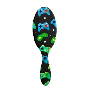 Ergonomic air cushion hair brush with blue and green gamepad patterns on black back