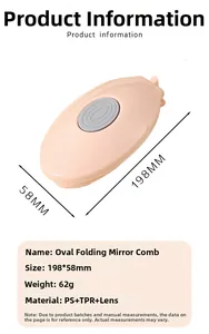 Detailed view of pink foldable travel hairbrush with mirror and size dimensions 198x58mm