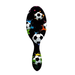 Cushion hair brush with soccer ball print and colorful paint splash on black background