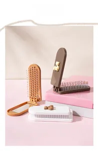 Cute bear fold 2-in-1 mirror & comb set in white brown and orange travel design